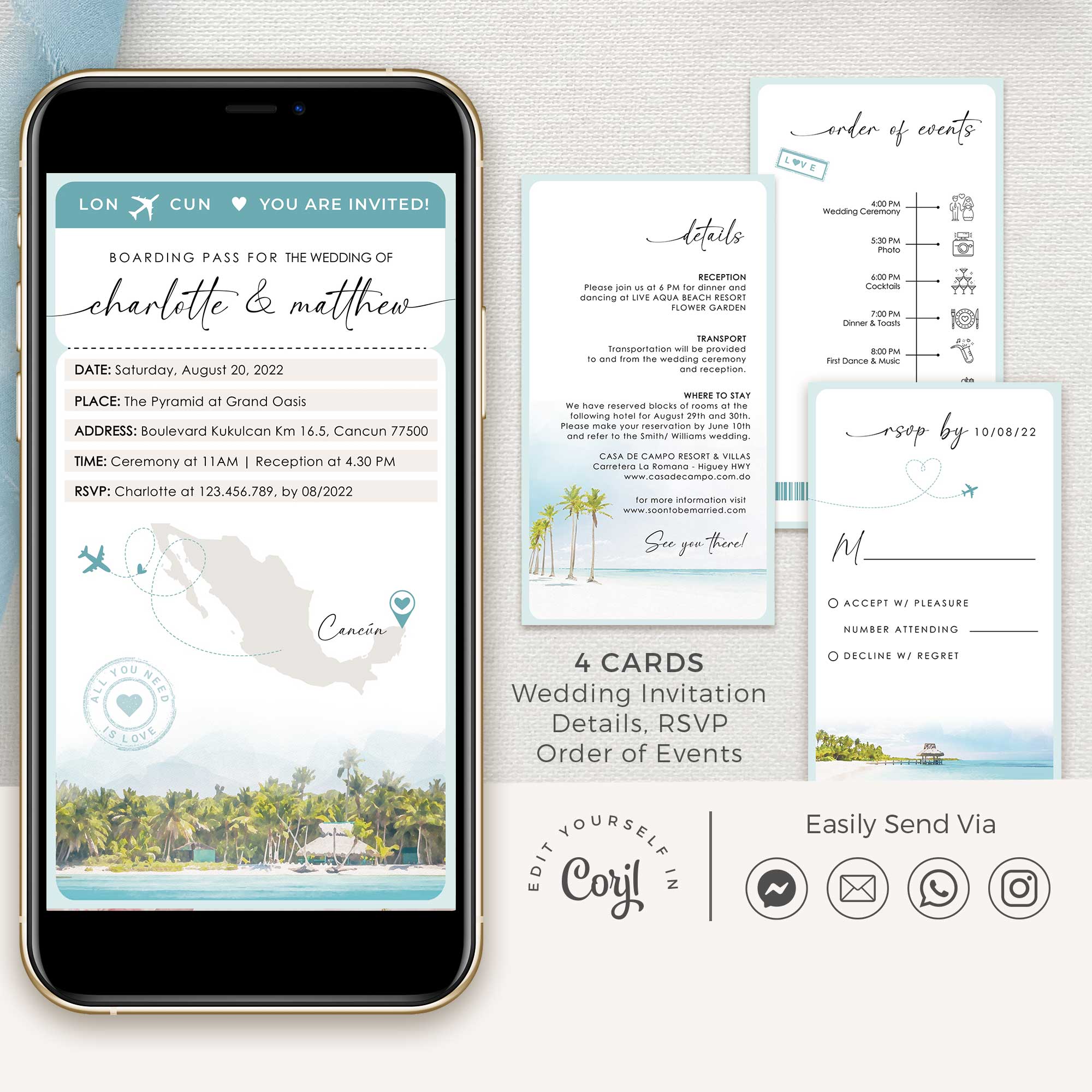 boarding pass tropical wedding invitation digital