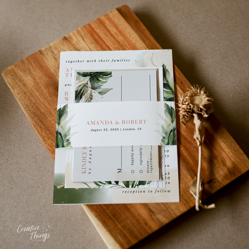 tropical wedding invitation template set