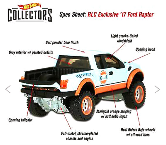 Hot Wheels RLC Exclusive '17 Ford Raptor F-150 GULF Truck – J Toys Hobby
