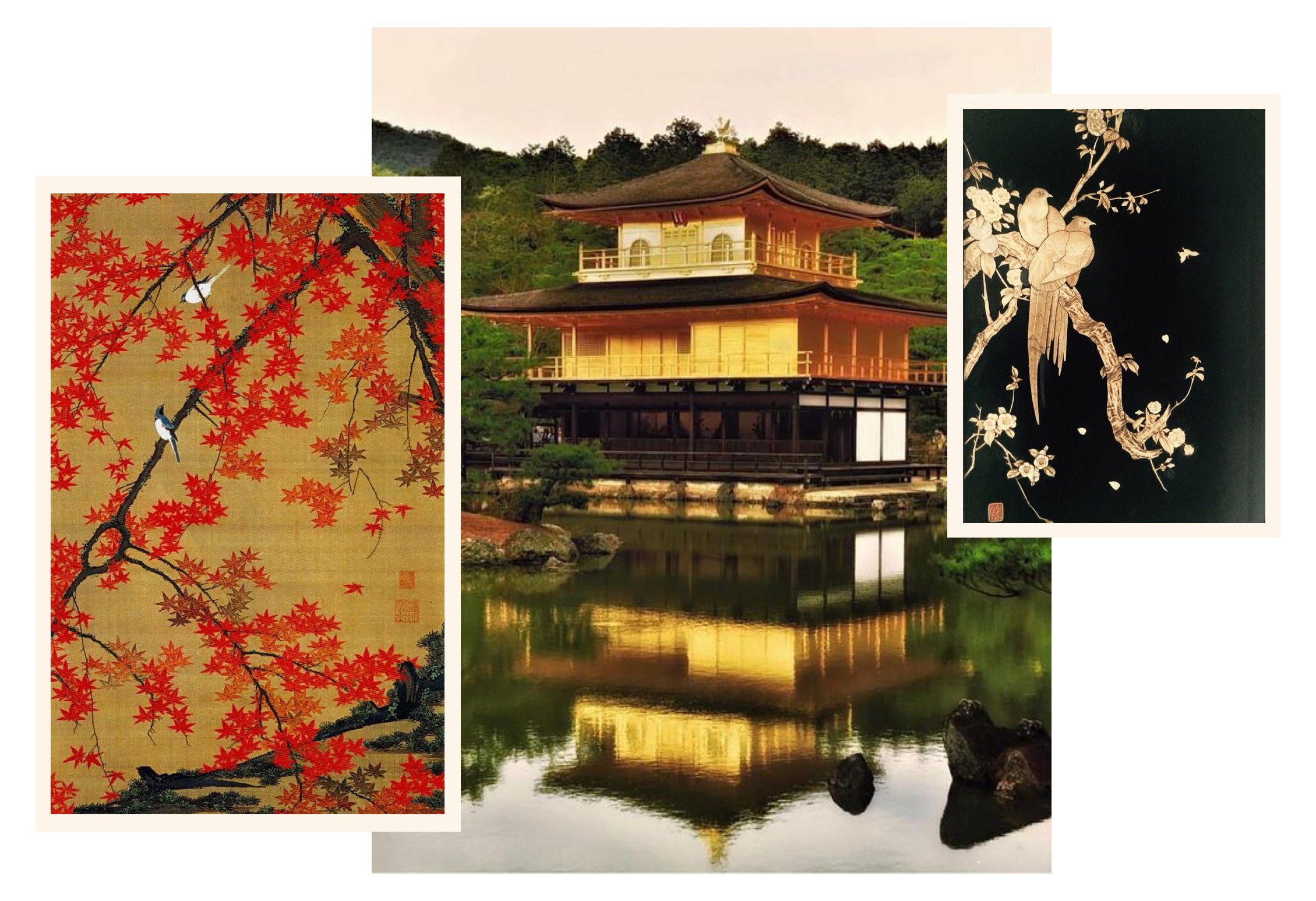 A picture of a zen temple, Japanese maple trees and gold lacquer work