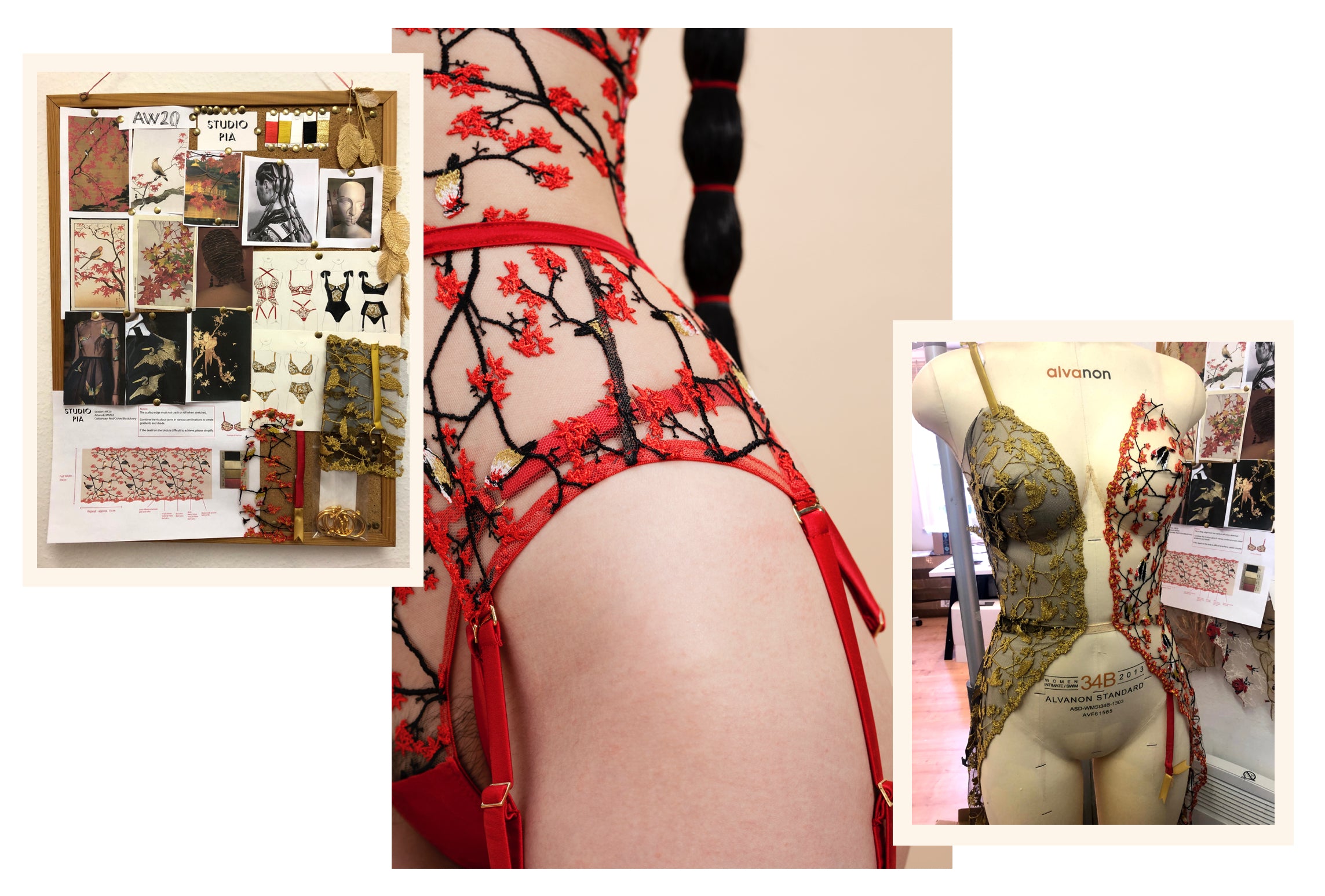 Pia's moodboard, a close up of the new maple embroidery and panels of embroidery on a mannequin