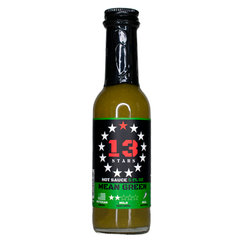 13 Stars Hot Sauce bottle of Mean Green