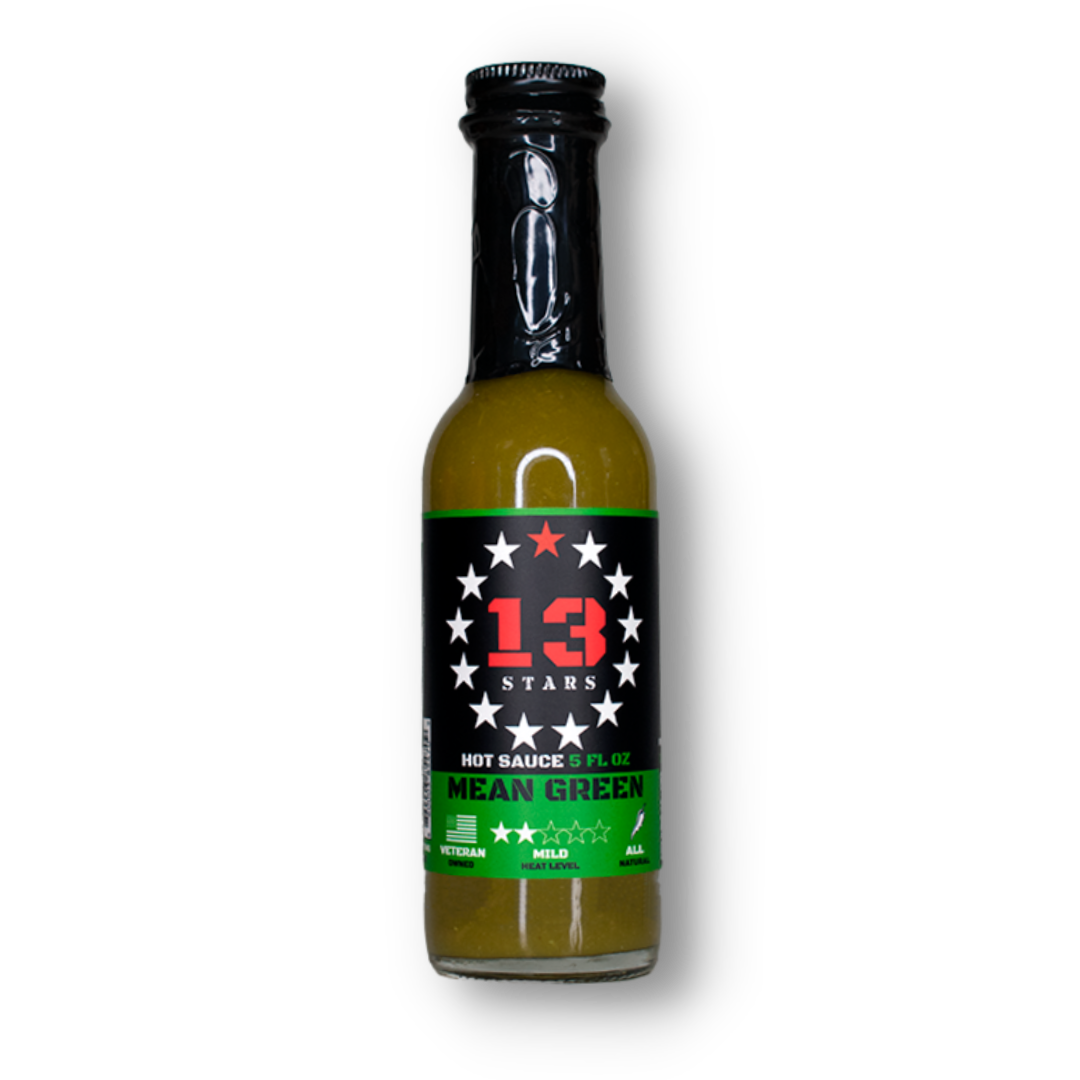 Bottle of 13 Stars Hot Sauce Mean Green a mild hot sauce