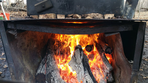 Woodfired stove used to cook down maple sap into maple syrup.