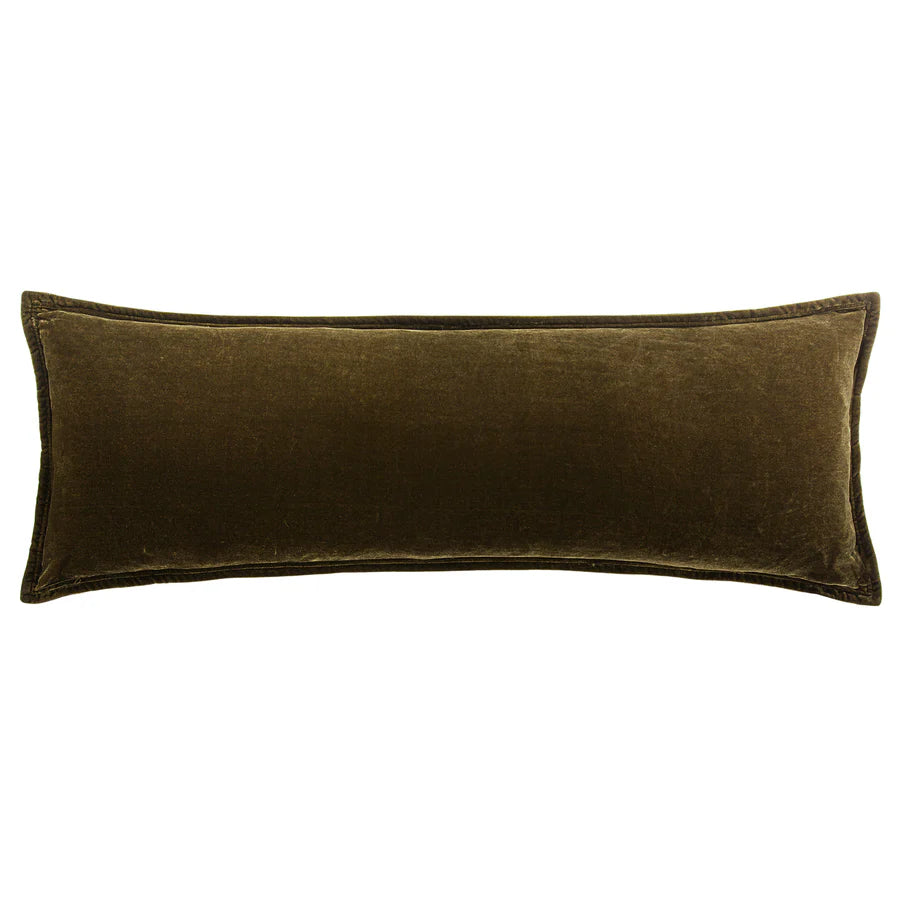Stella Faux Silk Velvet Long Lumbar Pillow, Green Ochre