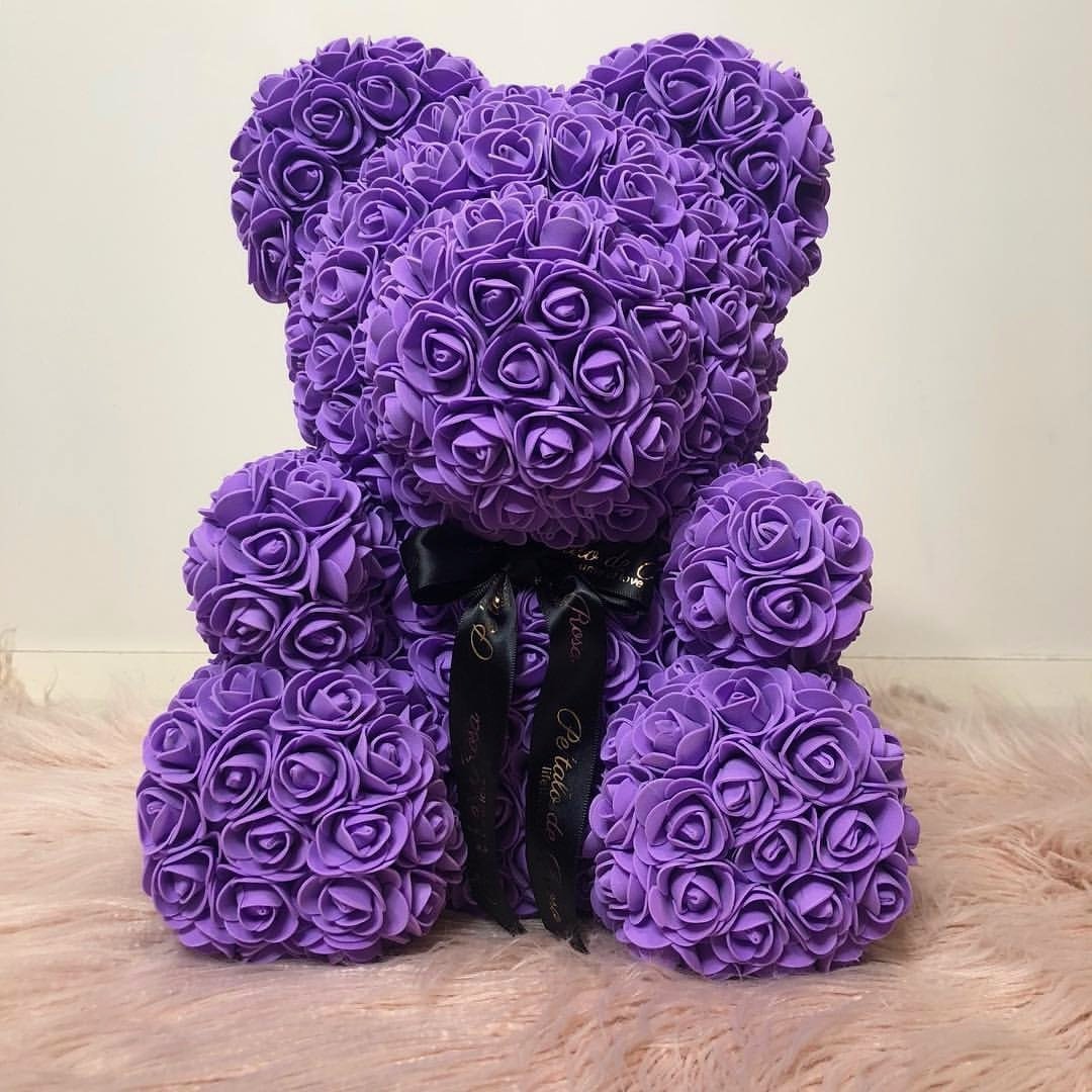 purple rose bear with box