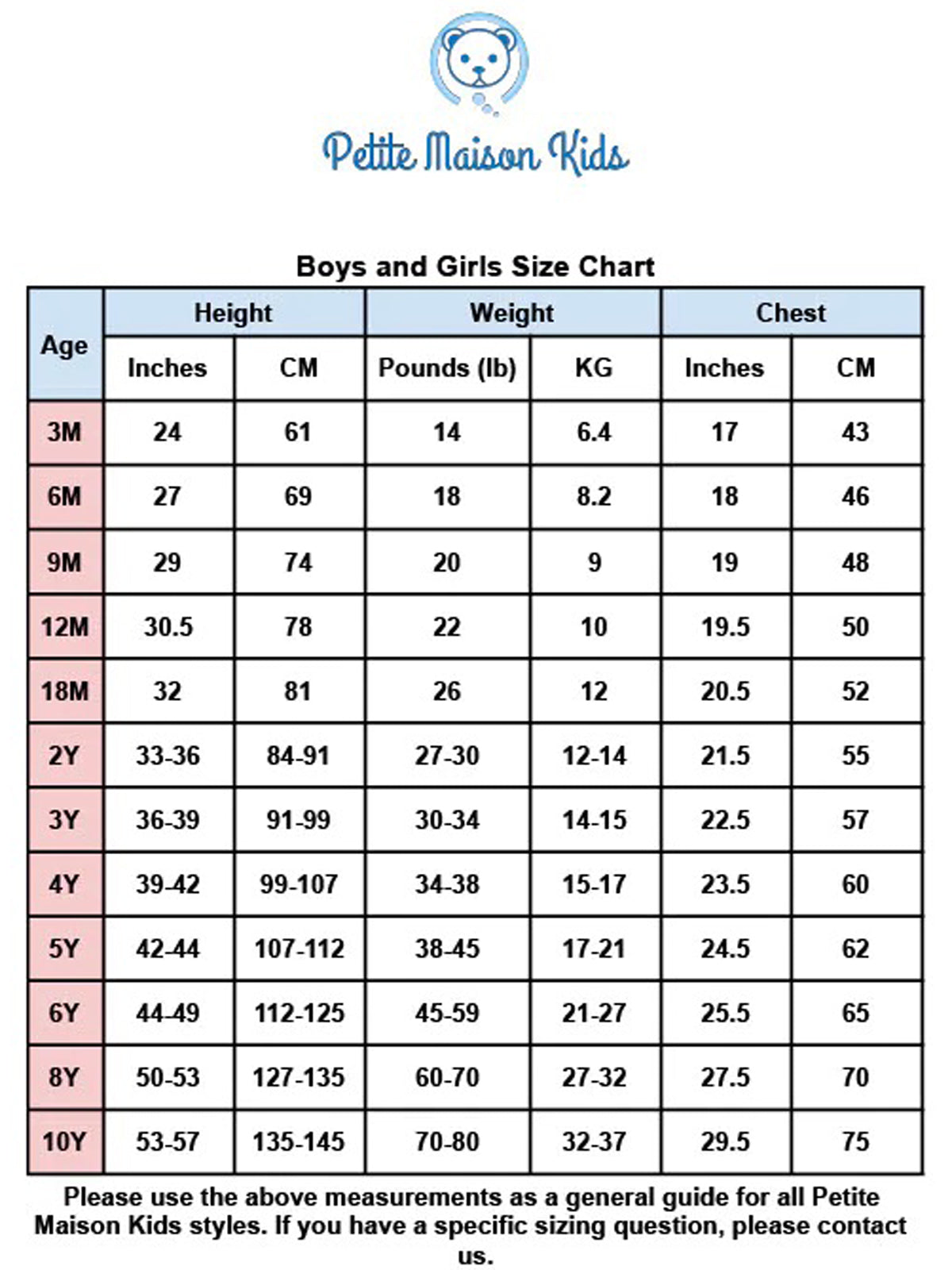 Size Chart – Petite Maison Kids