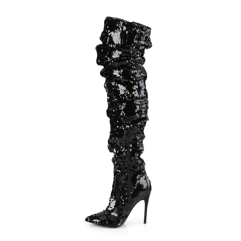 black sequin knee high boots