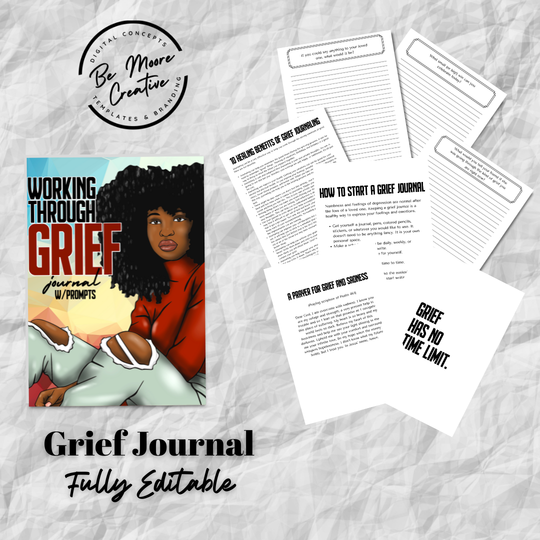 Working through Grief Journal Template with Prompts Canva BeMoore