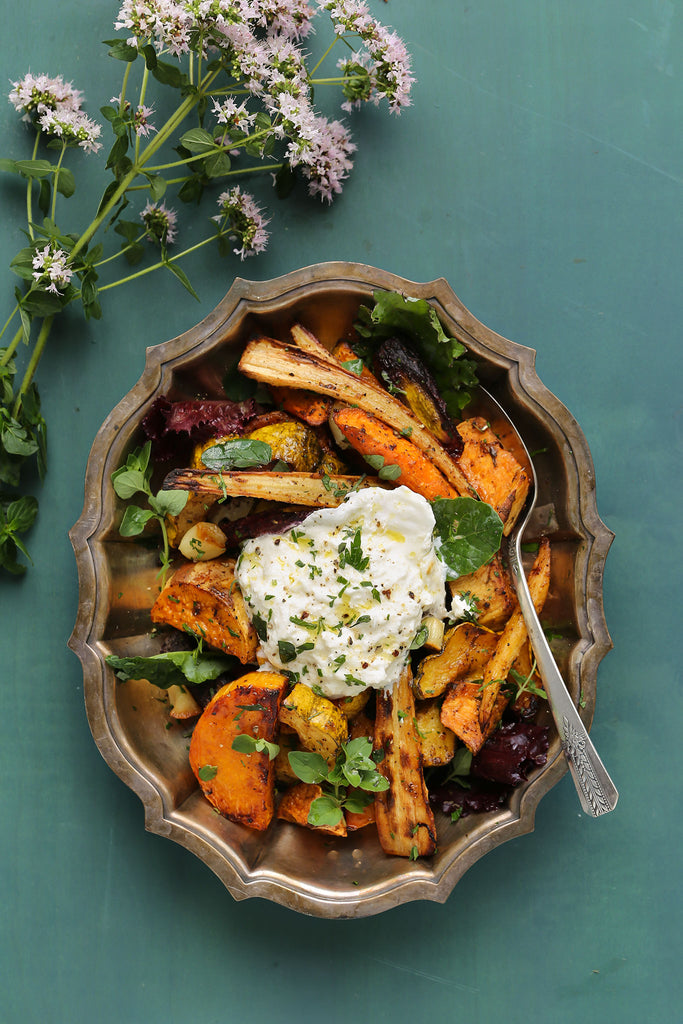 Roasted Vegetables with Shawarma Marinade and Burrata