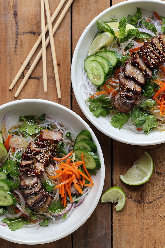 Vietnamese Crispy Pork Bowls with Vietnamese Mint Lime Sweet Chili Sauce