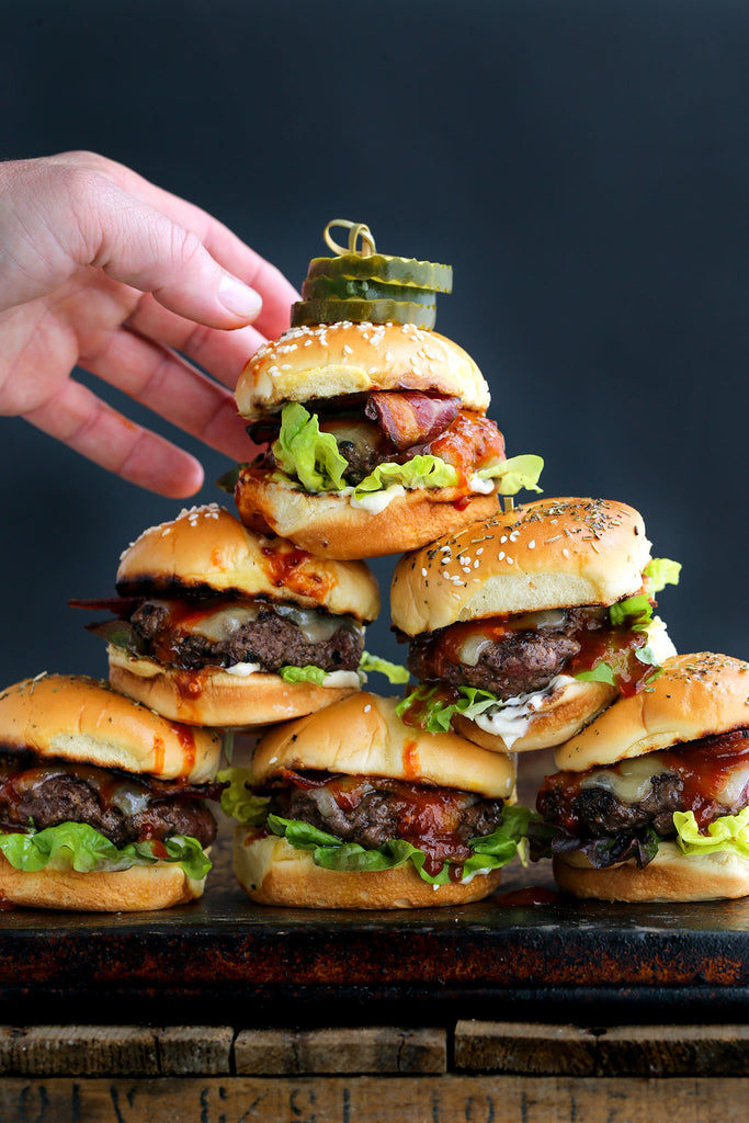 Bacon Cheeseburger Sliders with Spicy Tomato Kasundi BBQ Sauce