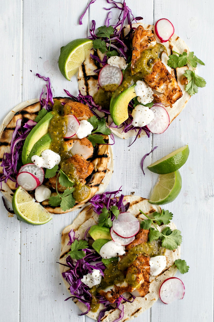 Grilled Fish Tacos with Kiwi Lime Salsa Verde