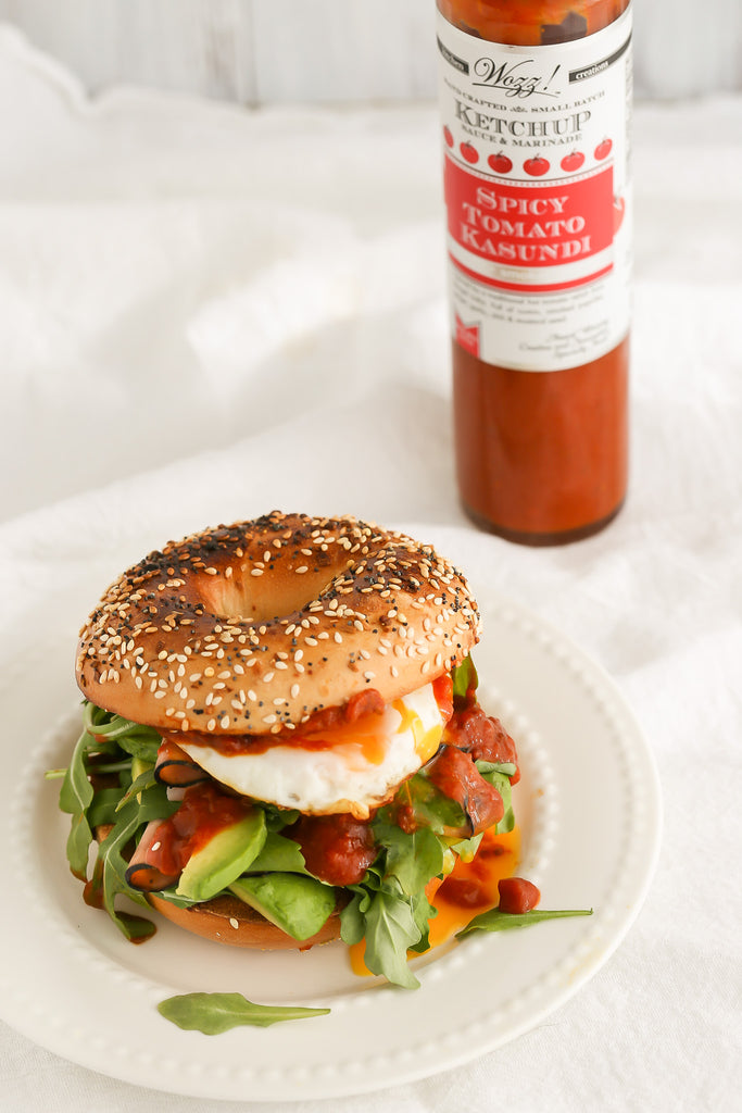 Egg, Ham and Bagel Breakfast Sandwich with Spicy Tomato Kasundi