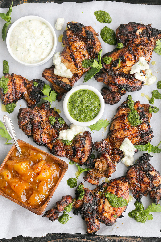 Indian Grilled Chicken with Mango Chutney and Green Sauce