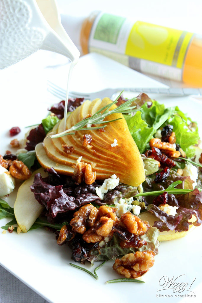 Pear Gorgonzola Salad with Candied Walnuts and Pear Ginger Vinegar