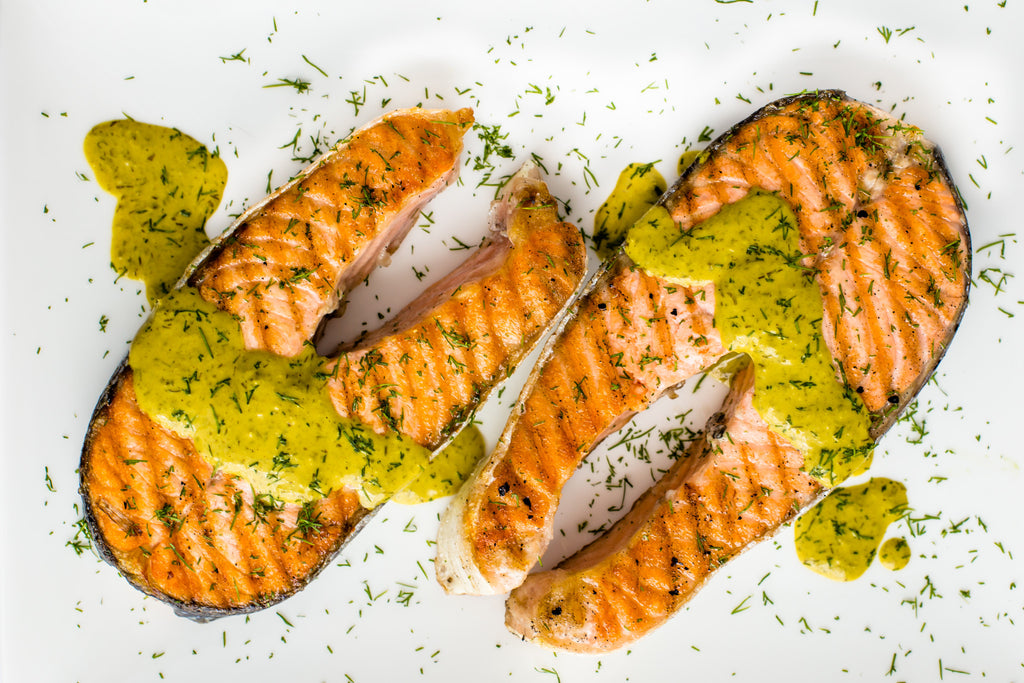 salmon steaks with lemon tahini sauce