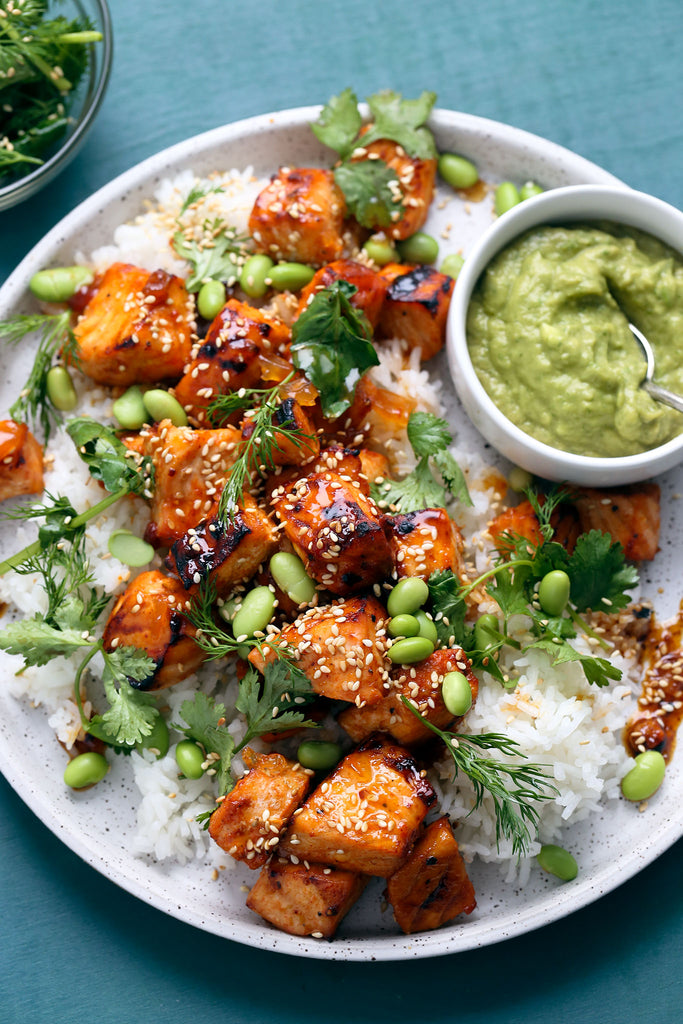 Sweet Chili Orange Salmon Bowls with Avocado Cilantro Sauce