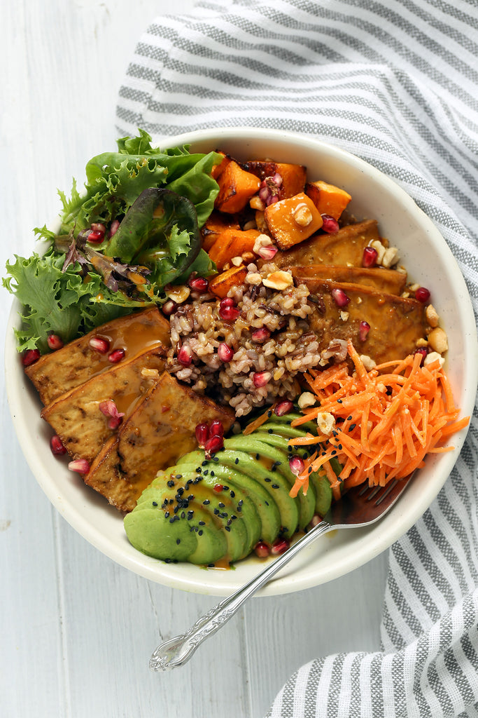 Tofu, Butternut Squash and Brown Rice Buddha Bowls with Peanut Dressing