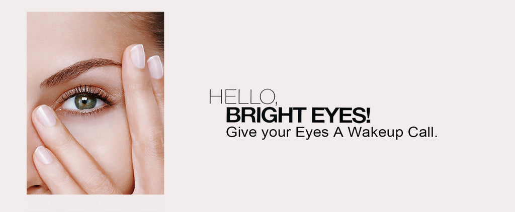 A woman with Nanocolor 3D Eyebrows with the title: Hello Bright Eyes! Give your eyes a wakeup call.