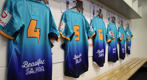 Moana Pasifika Home Jerseys hang on the changing room wall