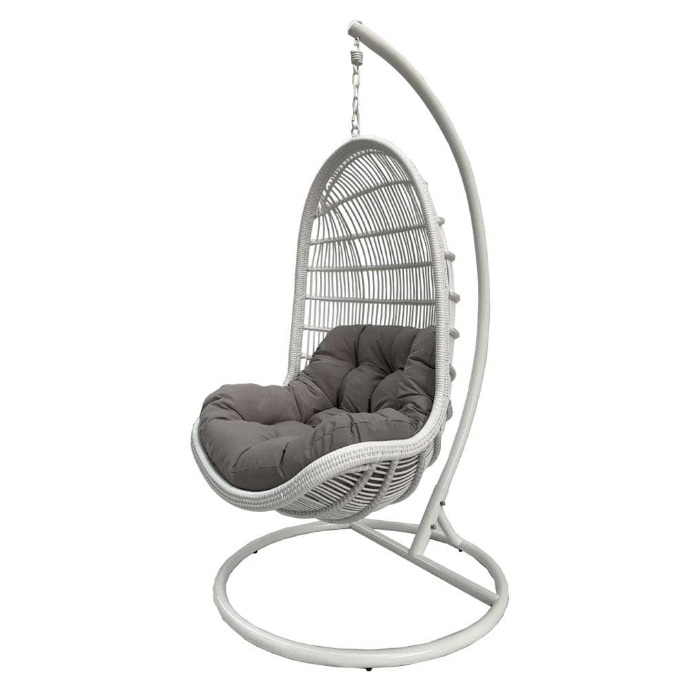 trojan outdoor wicker hanging egg chair with stand in white