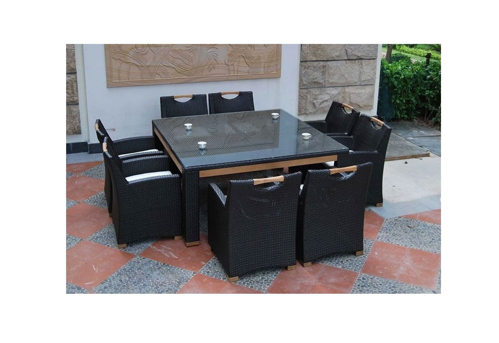 Freedom 8 Square 9pc Glass Top And Teak Trim Outdoor Dining Set With Wicker Chairs United House Furniture