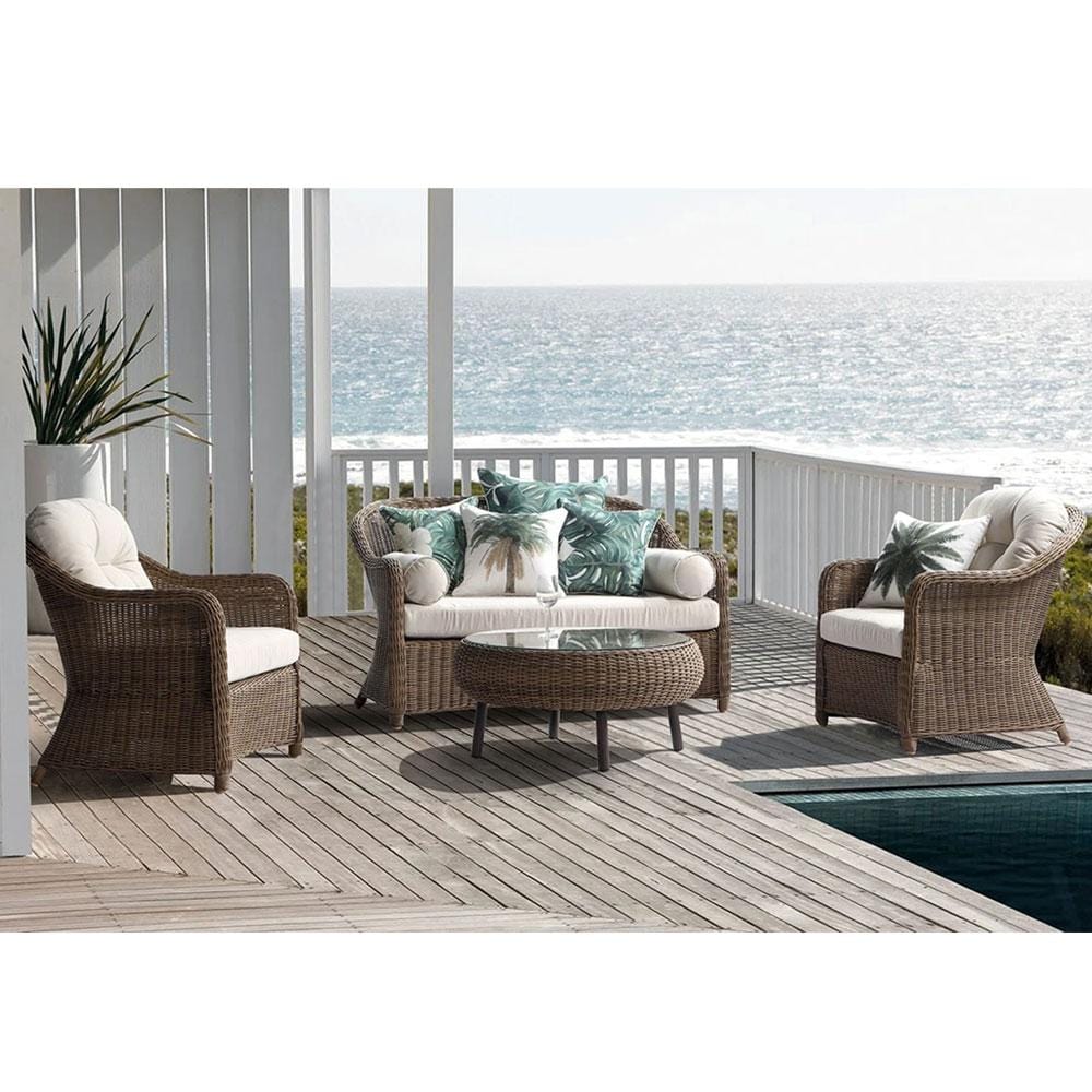 Plantation Outdoor Wicker Lounge Suite With Coffee Table In Brushed Wheat United House Furniture