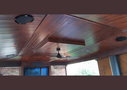 timber ceiling with Jensen ceiling speakers