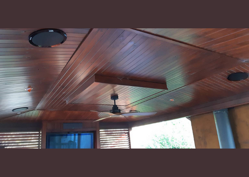 Timber ceiling with ceiling speakers