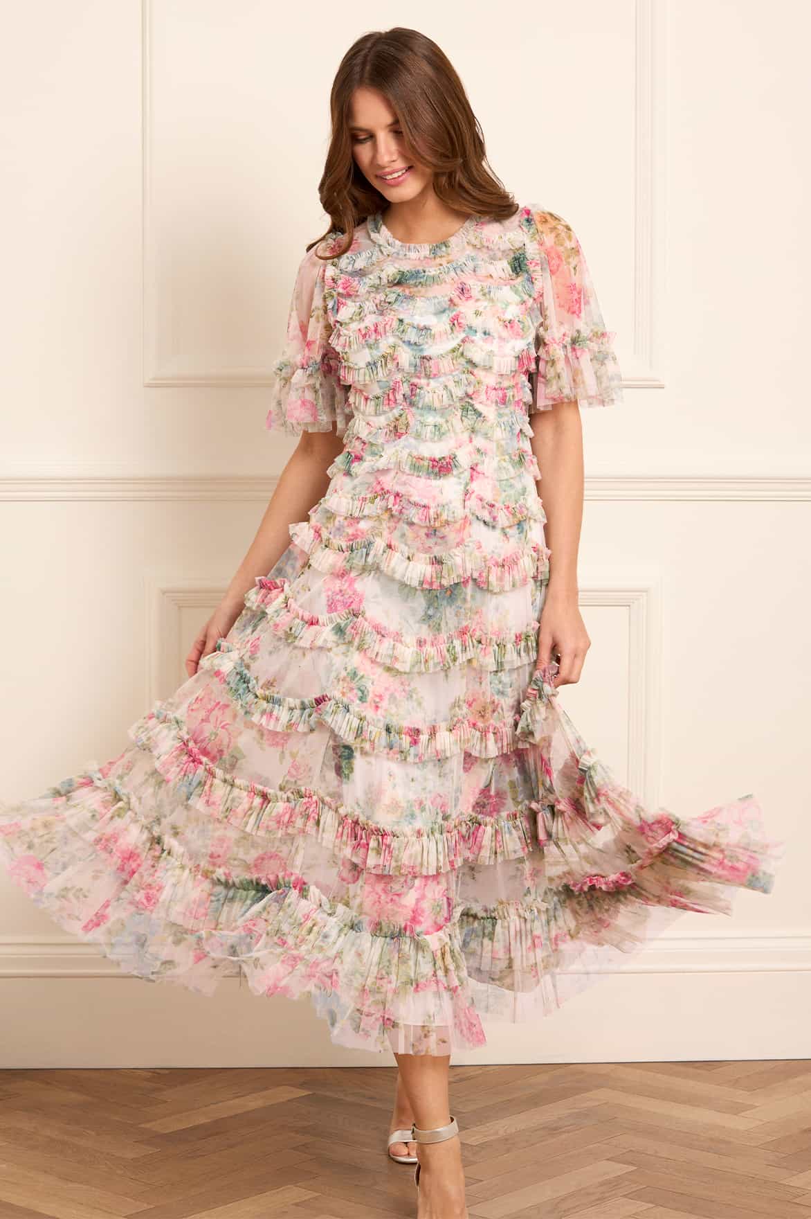 Needle & Thread Floral Romance Round Neck Ballerina Dress In Multi
