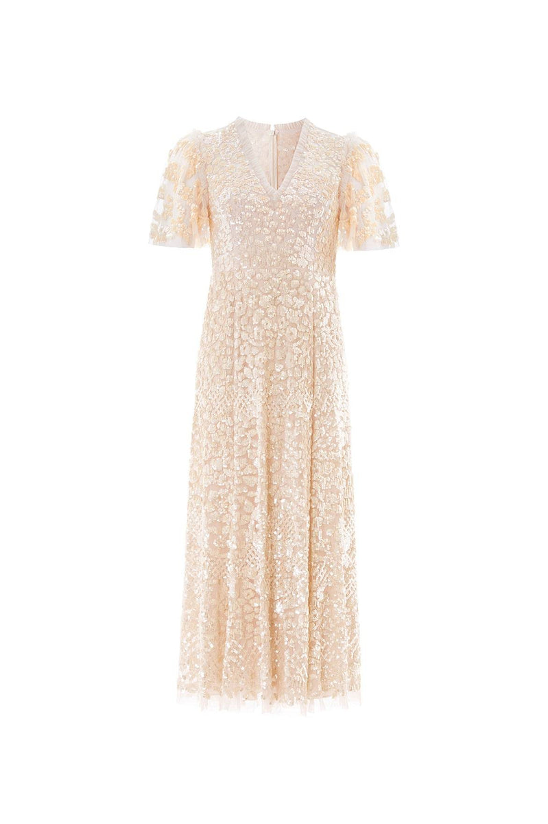 Amalie Sequin V-Neck Ballerina Dress – Champagne | Needle & Thread
