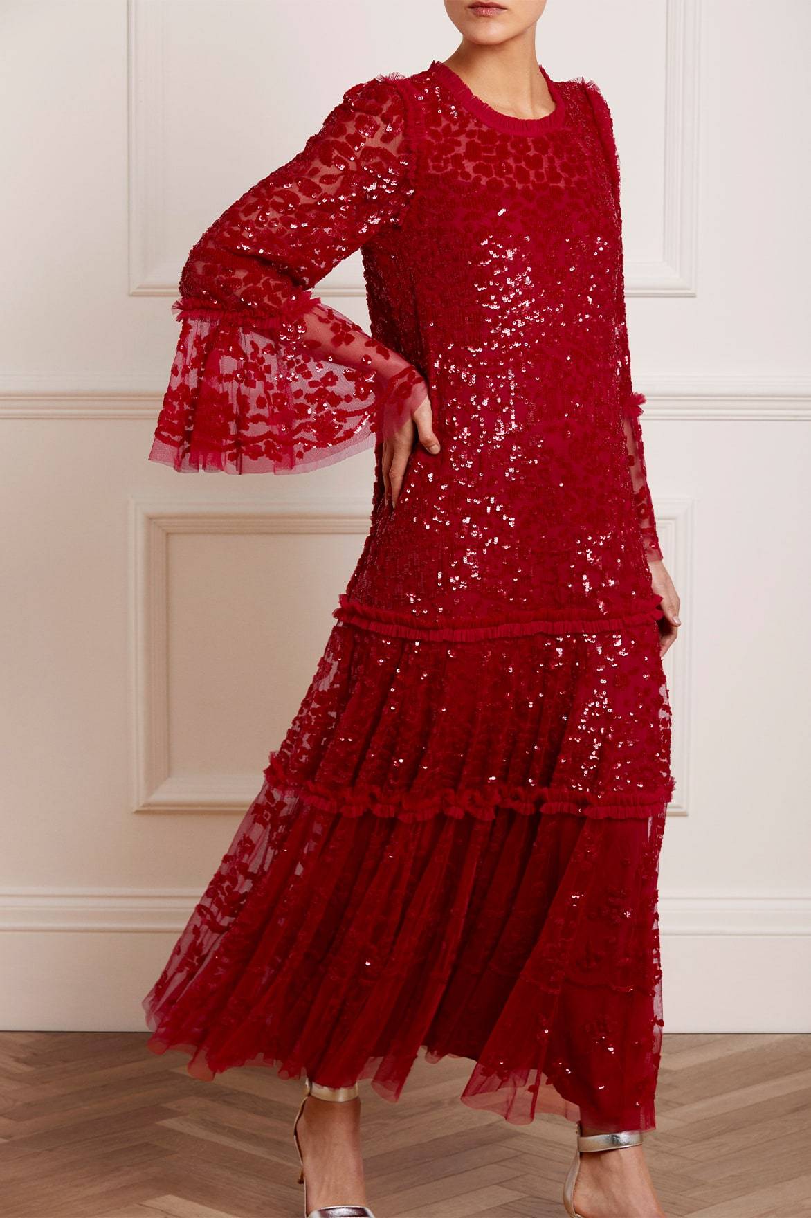1920s Downton Abbey Dresses Needle  Thread Annie Sequin Tiered Ankle Gown Red US 16 $1,029.00 AT vintagedancer.com