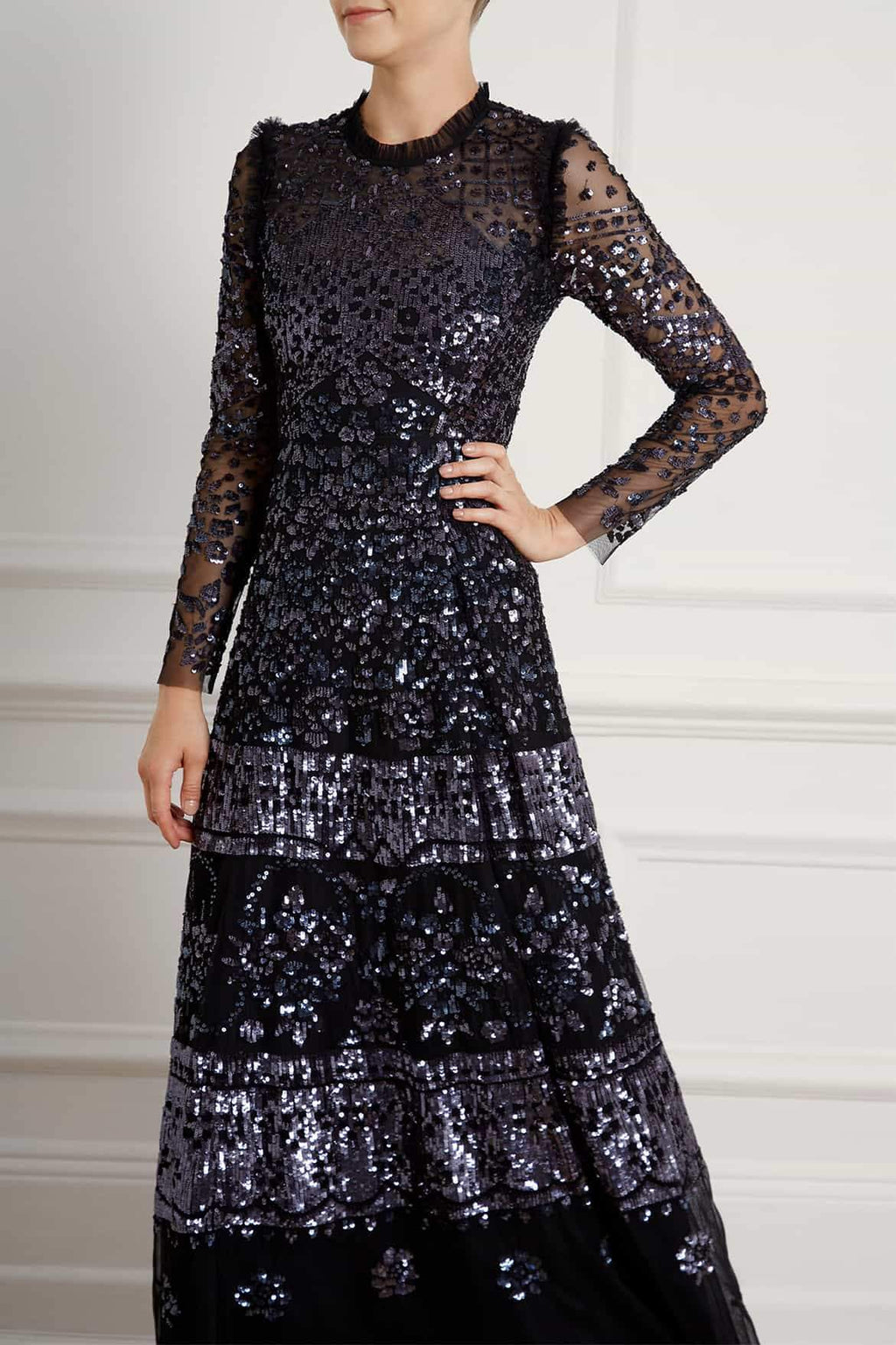 needle & thread embroidered lace maxi gown with high neck in graphite