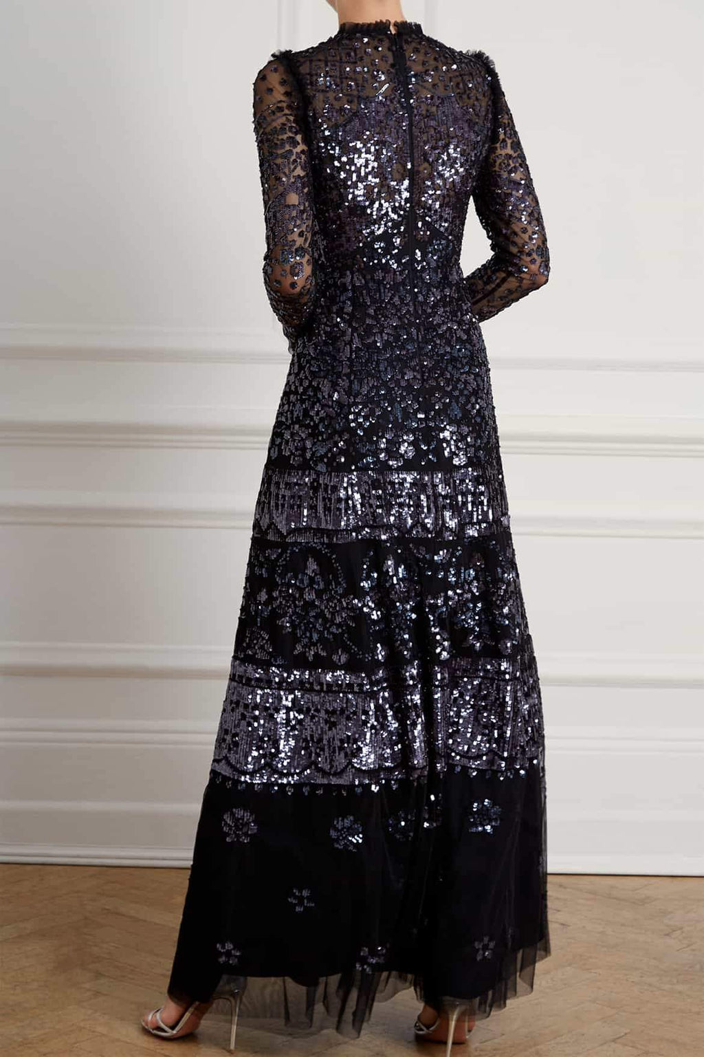 needle & thread embroidered lace maxi gown with high neck in graphite