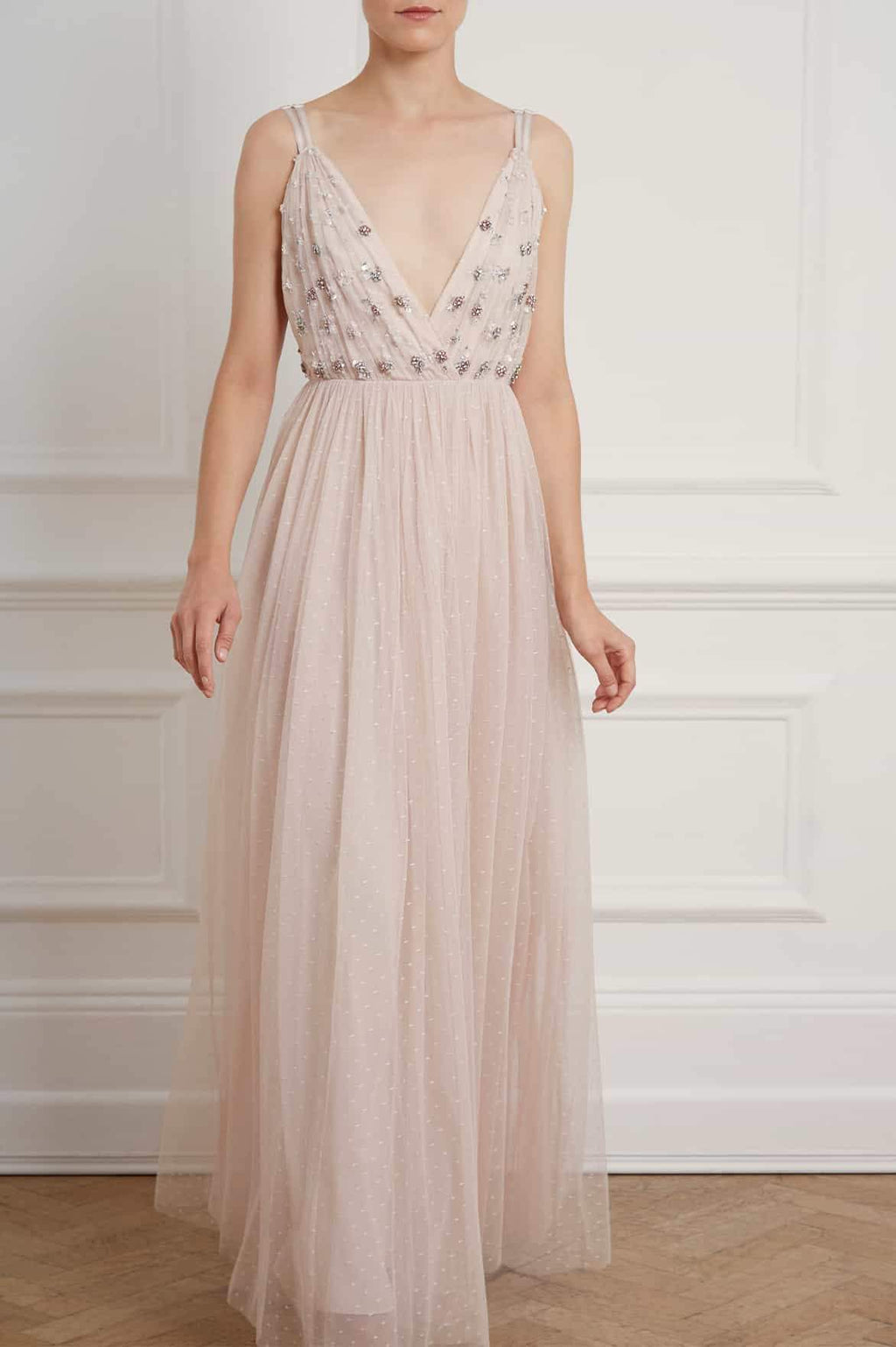 embellished blush maxi dress