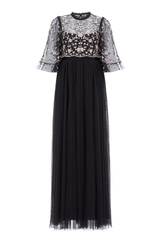 needle & thread embroidered lace maxi gown with high neck in graphite