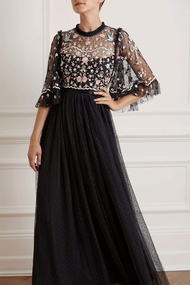 black embroidered dress maxi