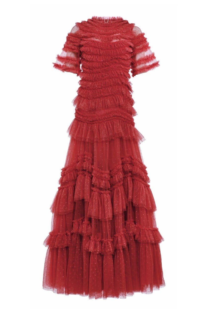 red ruffle gown