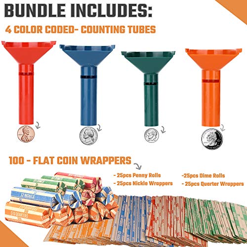 Coin Counters & Coin Sorters Tubes Bundle of 4 Color-Coded Coin Tubes ...
