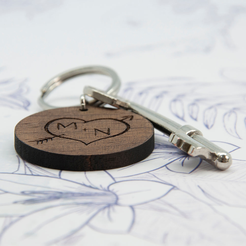Carved Tree Round Wooden Keyring with Initials - treat-republic