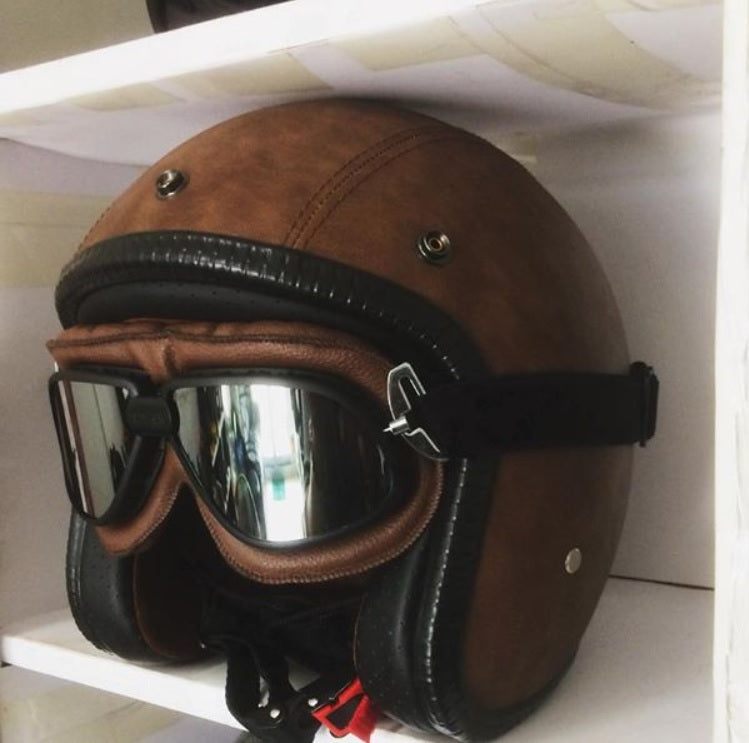 leather helmet with goggles