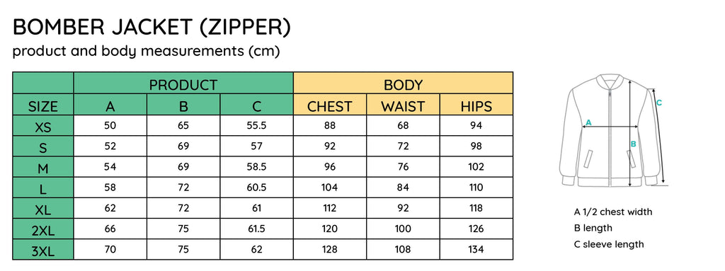 size guide - bomber jacket confidance wear