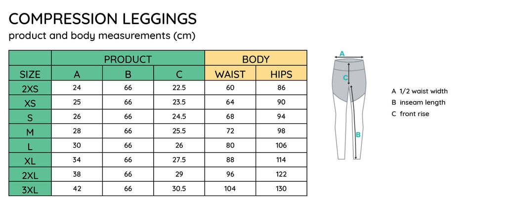size guide - compression leggings confidance wear