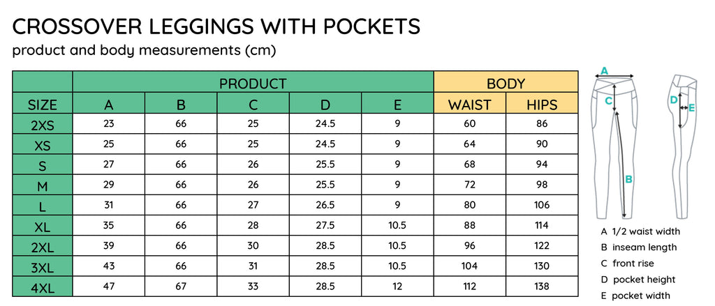 size guide - crossover leggings confidance wear