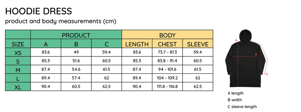 size guide - hoodie dress confidance wear