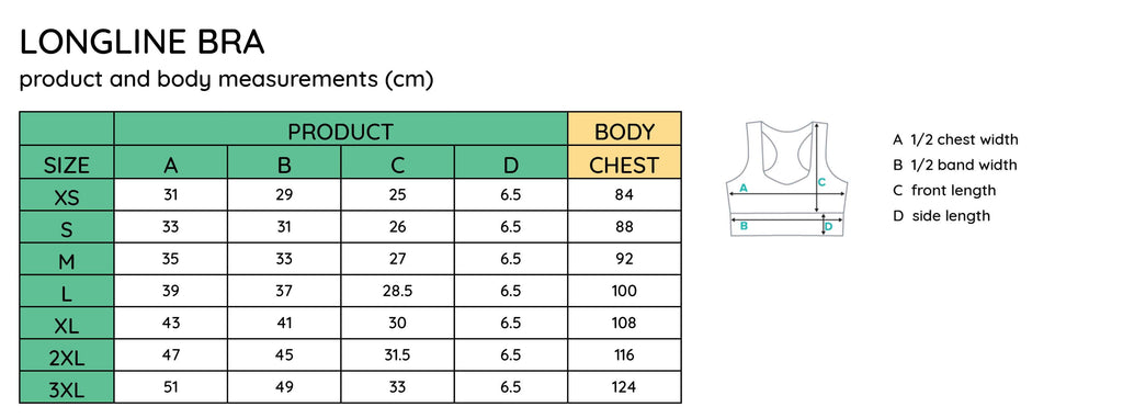 size guide - longline bra confidance wear