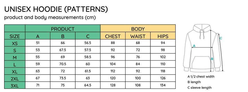 size guide - unisex hoodie confidance wear