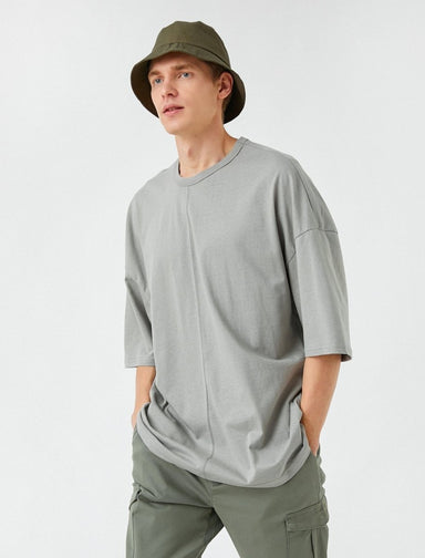 Oversize Displaced-Seam Side Pocket T-shirt in Khaki - Usolo Outfitters