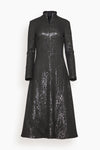 Full-Skirt Polyester Spring Sequined Front Zipper Mock Neck Turtleneck Midi Dress